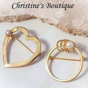 Scatter pins, heart pin & circle pin, vintage set of 2 with pearl accent, 12kgf